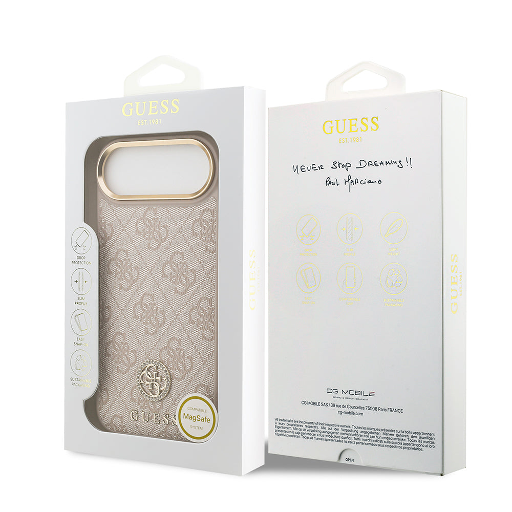 iPhone 17 Air Kılıf Guess Orijinal Lisanslı M-safe Şarj Özellikli Gold Metal Kamera Çerçeveli Taşlı 4G Logolu Kılıf