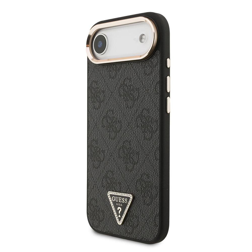iPhone 17 Air Kılıf Guess Orijinal Lisanslı M-safe Şarj Özellikli Gold Metal Kamera Çerçeveli Taşlı Üçgen Logo 4G Desenli Kılıf