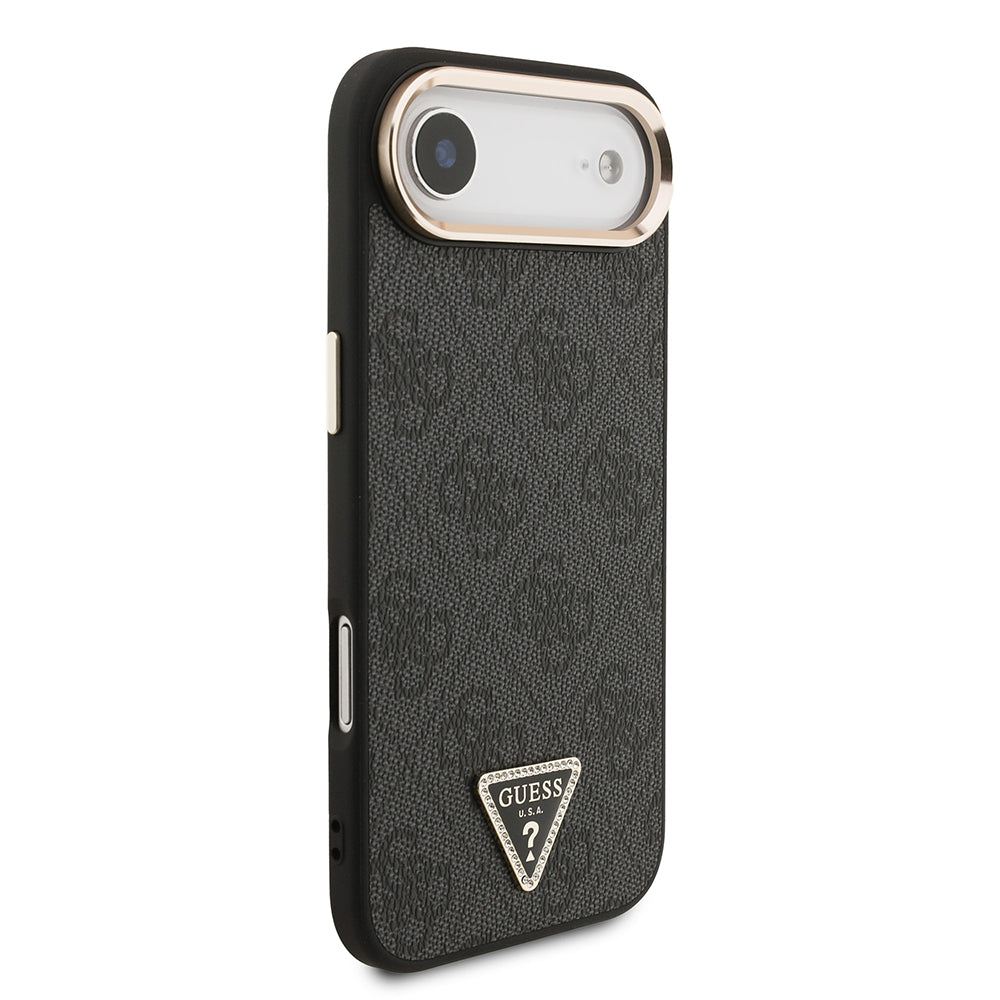 iPhone 17 Air Kılıf Guess Orijinal Lisanslı M-safe Şarj Özellikli Gold Metal Kamera Çerçeveli Taşlı Üçgen Logo 4G Desenli Kılıf