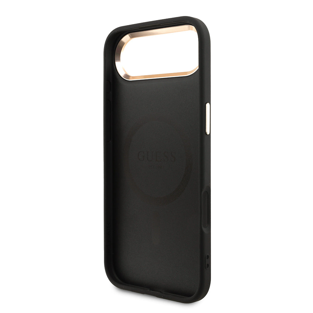 iPhone 17 Air Kılıf Guess Orijinal Lisanslı M-safe Şarj Özellikli Gold Metal Kamera Çerçeveli Taşlı Üçgen Logo 4G Desenli Kılıf