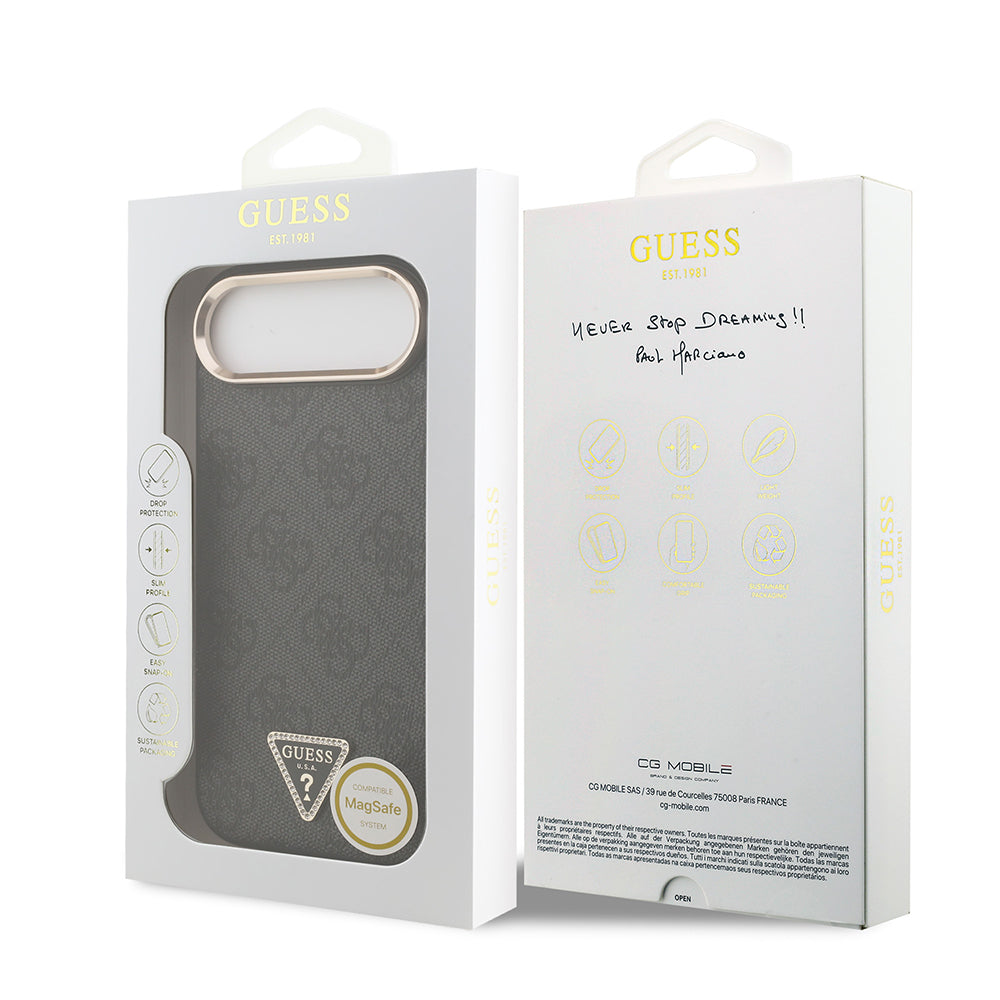 iPhone 17 Air Kılıf Guess Orijinal Lisanslı M-safe Şarj Özellikli Gold Metal Kamera Çerçeveli Taşlı Üçgen Logo 4G Desenli Kılıf