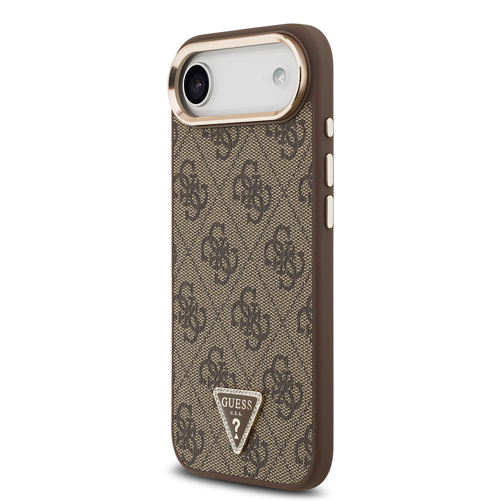 iPhone 17 Air Kılıf Guess Orijinal Lisanslı M-safe Şarj Özellikli Gold Metal Kamera Çerçeveli Taşlı Üçgen Logo 4G Desenli Kılıf