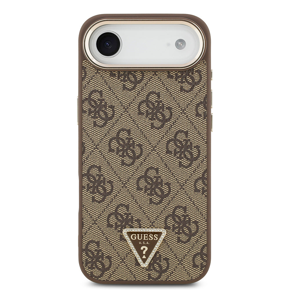 iPhone 17 Air Kılıf Guess Orijinal Lisanslı M-safe Şarj Özellikli Gold Metal Kamera Çerçeveli Taşlı Üçgen Logo 4G Desenli Kılıf