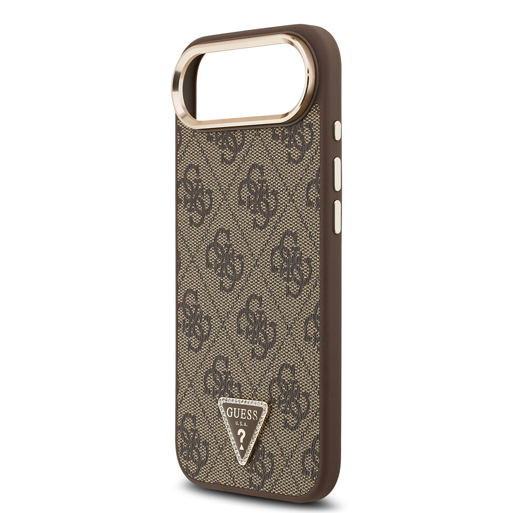 iPhone 17 Air Kılıf Guess Orijinal Lisanslı M-safe Şarj Özellikli Gold Metal Kamera Çerçeveli Taşlı Üçgen Logo 4G Desenli Kılıf