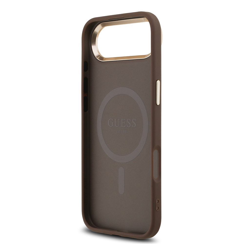 iPhone 17 Air Kılıf Guess Orijinal Lisanslı M-safe Şarj Özellikli Gold Metal Kamera Çerçeveli Taşlı Üçgen Logo 4G Desenli Kılıf