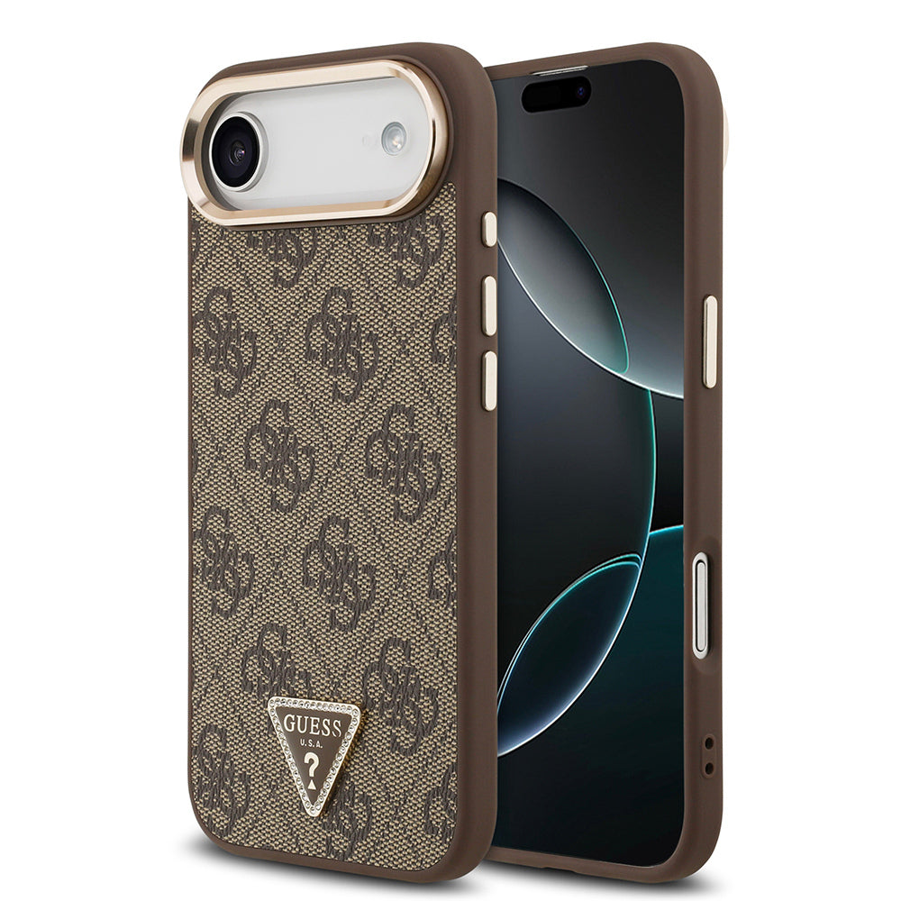 iPhone 17 Air Kılıf Guess Orijinal Lisanslı M-safe Şarj Özellikli Gold Metal Kamera Çerçeveli Taşlı Üçgen Logo 4G Desenli Kılıf