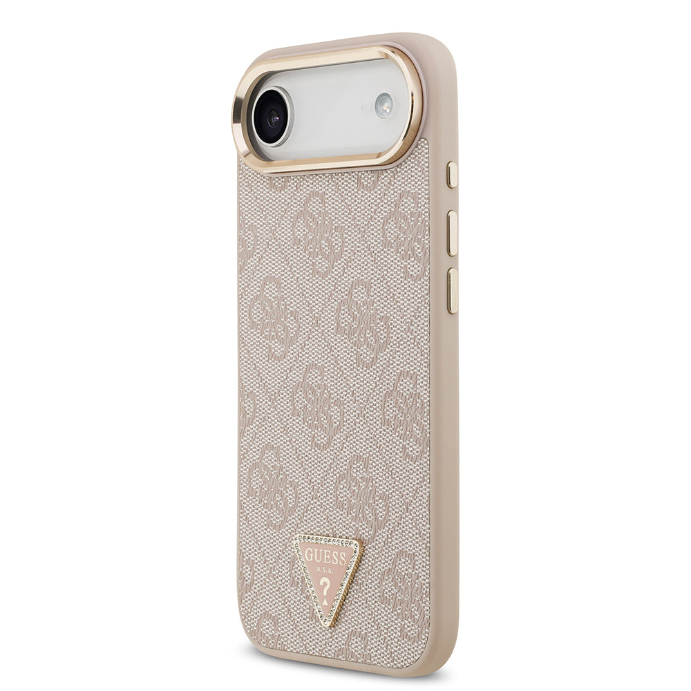 iPhone 17 Air Kılıf Guess Orijinal Lisanslı M-safe Şarj Özellikli Gold Metal Kamera Çerçeveli Taşlı Üçgen Logo 4G Desenli Kılıf