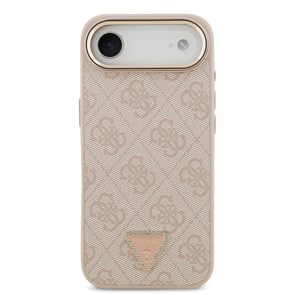 iPhone 17 Air Kılıf Guess Orijinal Lisanslı M-safe Şarj Özellikli Gold Metal Kamera Çerçeveli Taşlı Üçgen Logo 4G Desenli Kılıf