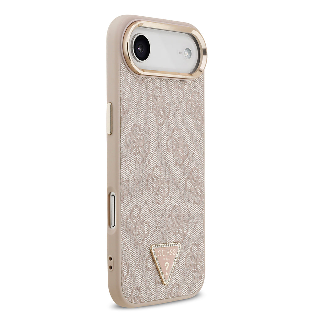 iPhone 17 Air Kılıf Guess Orijinal Lisanslı M-safe Şarj Özellikli Gold Metal Kamera Çerçeveli Taşlı Üçgen Logo 4G Desenli Kılıf