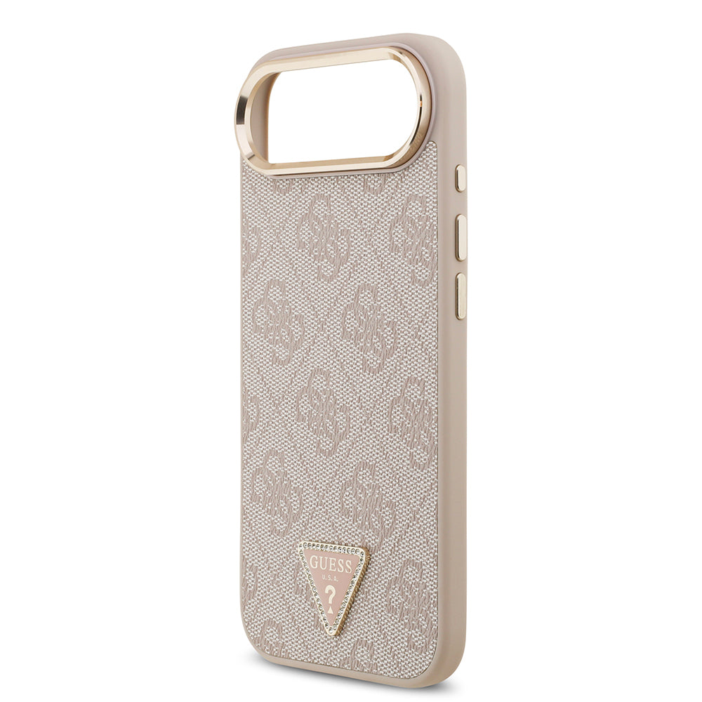 iPhone 17 Air Kılıf Guess Orijinal Lisanslı M-safe Şarj Özellikli Gold Metal Kamera Çerçeveli Taşlı Üçgen Logo 4G Desenli Kılıf