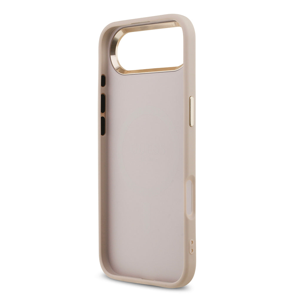 iPhone 17 Air Kılıf Guess Orijinal Lisanslı M-safe Şarj Özellikli Gold Metal Kamera Çerçeveli Taşlı Üçgen Logo 4G Desenli Kılıf