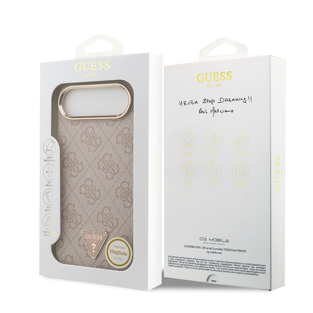 iPhone 17 Air Kılıf Guess Orijinal Lisanslı M-safe Şarj Özellikli Gold Metal Kamera Çerçeveli Taşlı Üçgen Logo 4G Desenli Kılıf