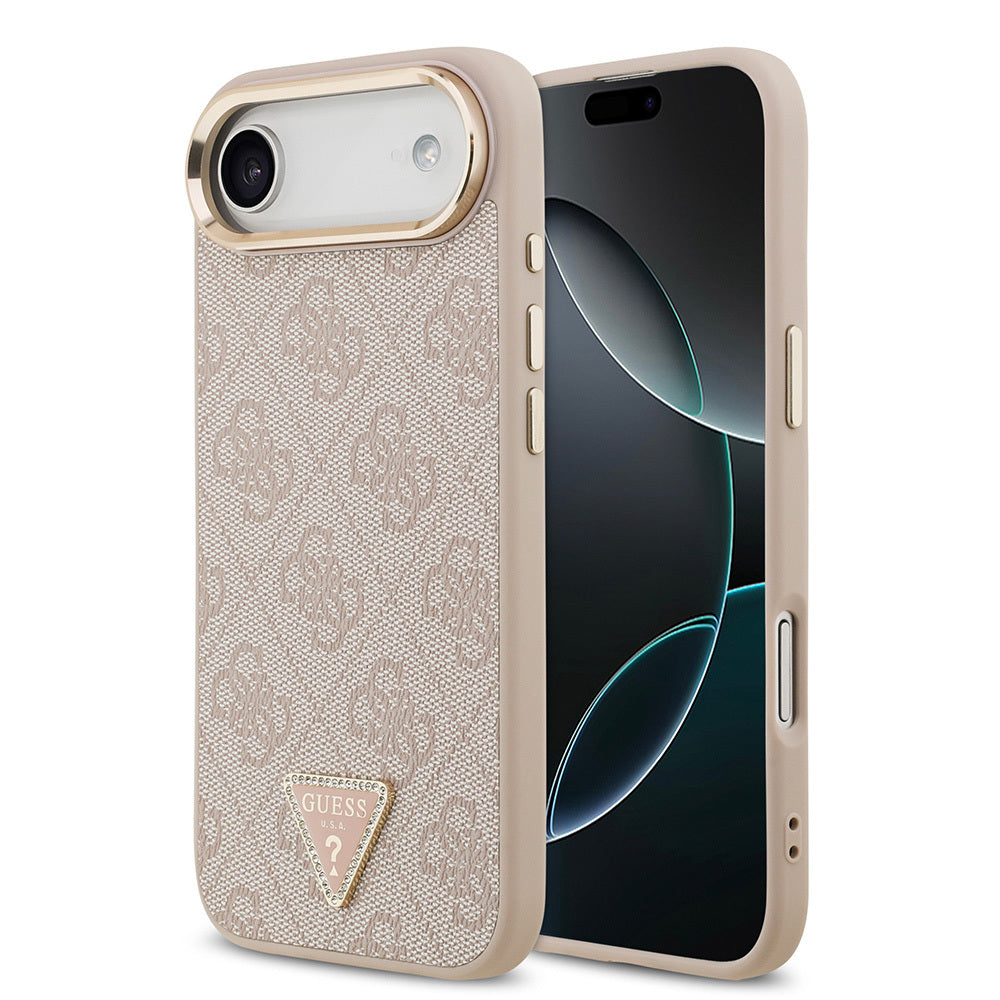 iPhone 17 Air Kılıf Guess Orijinal Lisanslı M-safe Şarj Özellikli Gold Metal Kamera Çerçeveli Taşlı Üçgen Logo 4G Desenli Kılıf
