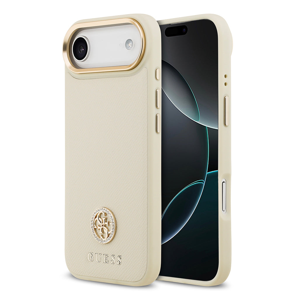 iPhone 17 Air Kılıf Guess Orijinal Lisanslı M-safe Şarj Özellikli Grained Yazı ve Taşlı 4G Logolu Kılıf