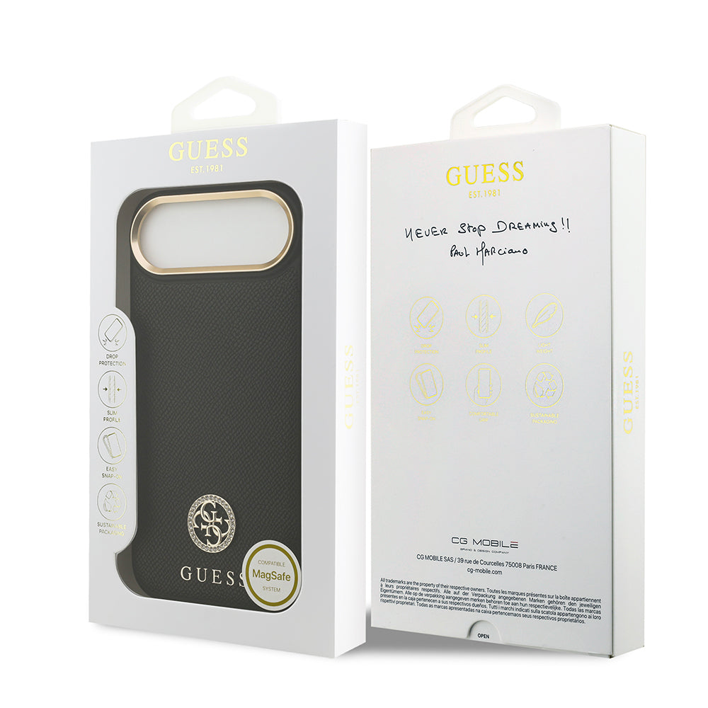 iPhone 17 Air Kılıf Guess Orijinal Lisanslı M-safe Şarj Özellikli Grained Yazı ve Taşlı 4G Logolu Kılıf