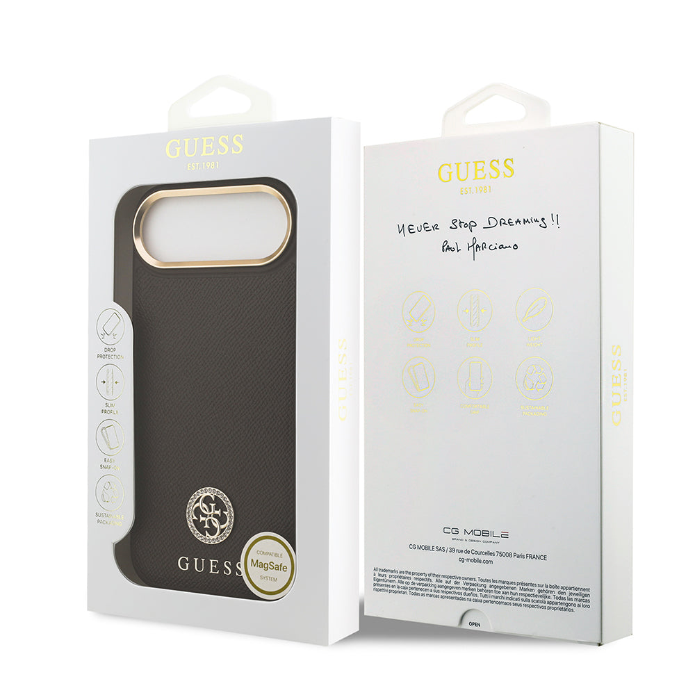 iPhone 17 Air Kılıf Guess Orijinal Lisanslı M-safe Şarj Özellikli Grained Yazı ve Taşlı 4G Logolu Kılıf