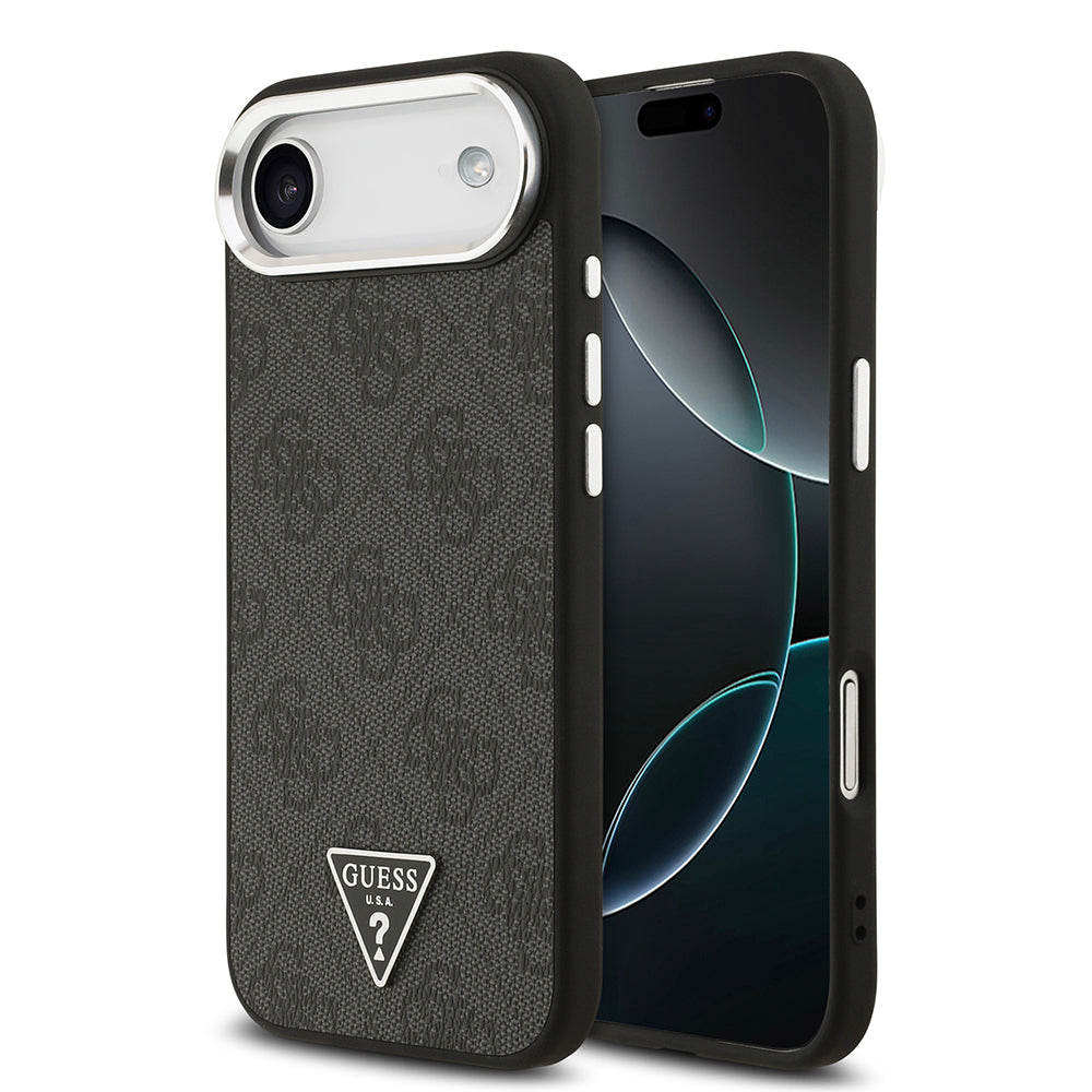 iPhone 17 Air Kılıf Guess Orijinal Lisanslı M-safe Şarj Özellikli Gümüş Metal Kamera Çerçeveli Üçgen Logo 4G Desenli Kılıf