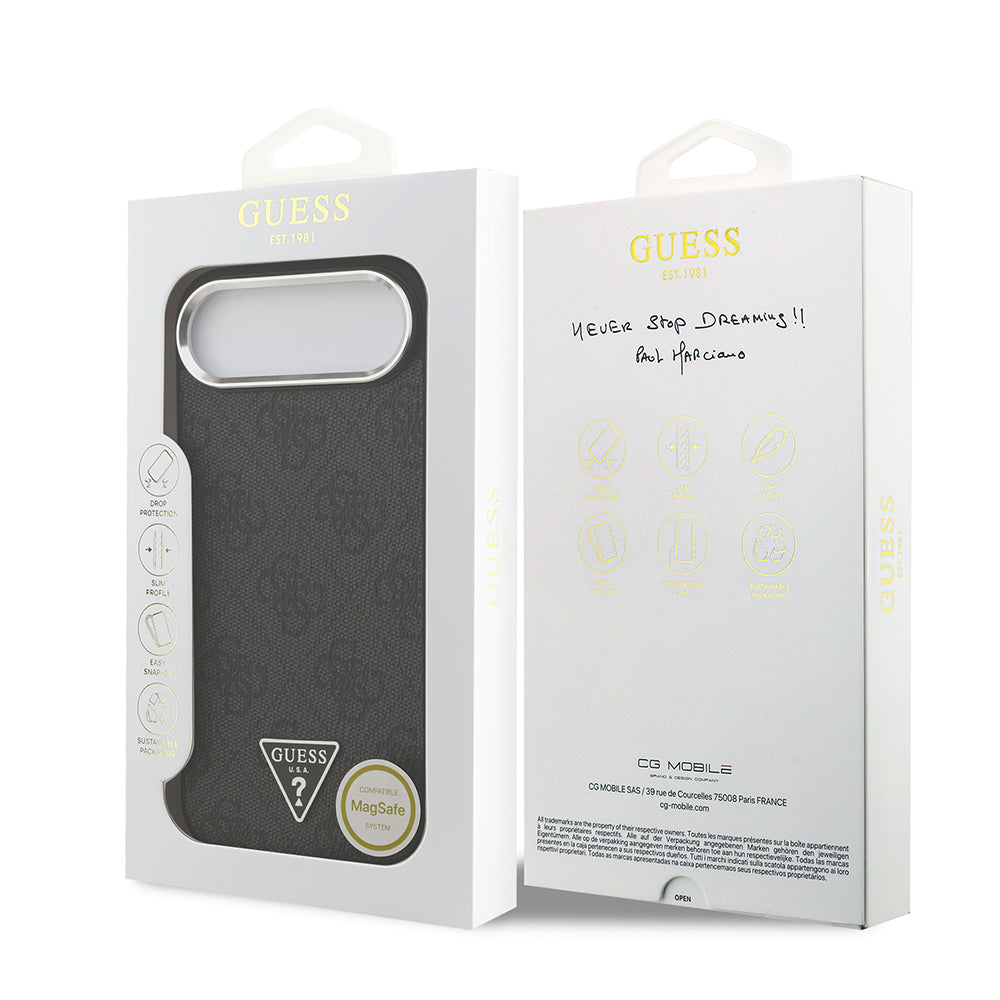 iPhone 17 Air Kılıf Guess Orijinal Lisanslı M-safe Şarj Özellikli Gümüş Metal Kamera Çerçeveli Üçgen Logo 4G Desenli Kılıf