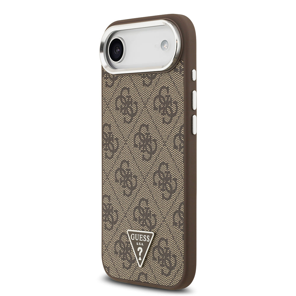 iPhone 17 Air Kılıf Guess Orijinal Lisanslı M-safe Şarj Özellikli Gümüş Metal Kamera Çerçeveli Üçgen Logo 4G Desenli Kılıf