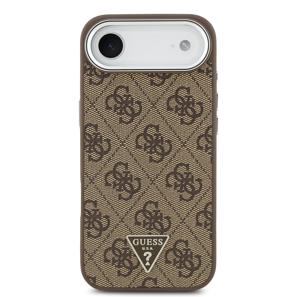 iPhone 17 Air Kılıf Guess Orijinal Lisanslı M-safe Şarj Özellikli Gümüş Metal Kamera Çerçeveli Üçgen Logo 4G Desenli Kılıf