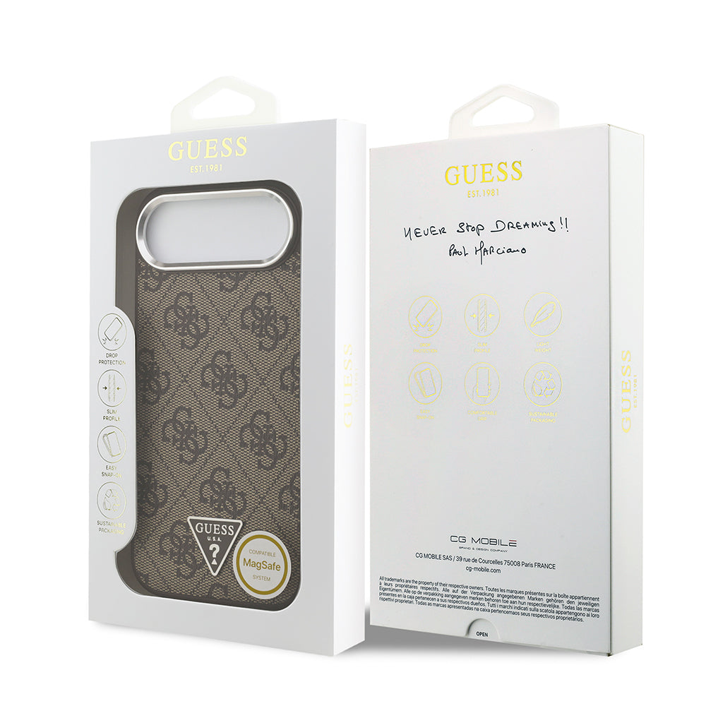 iPhone 17 Air Kılıf Guess Orijinal Lisanslı M-safe Şarj Özellikli Gümüş Metal Kamera Çerçeveli Üçgen Logo 4G Desenli Kılıf