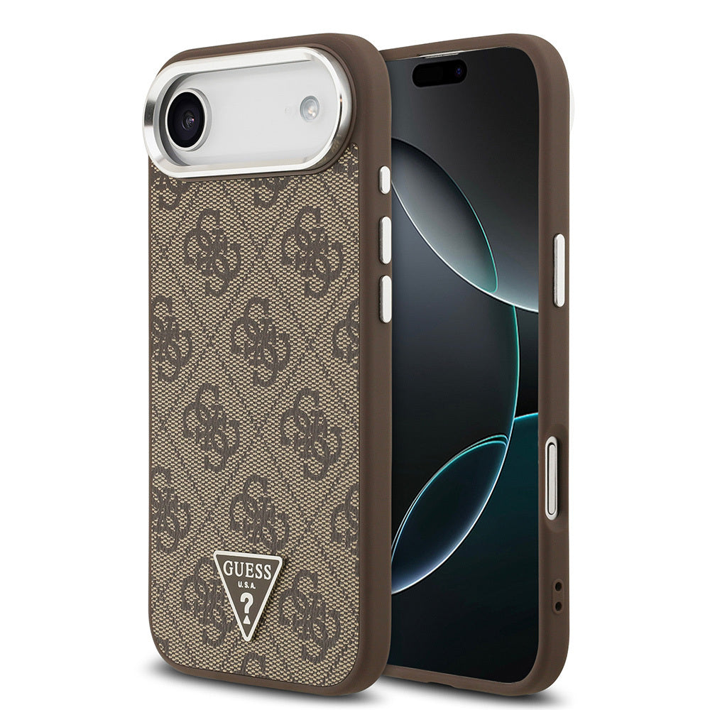 iPhone 17 Air Kılıf Guess Orijinal Lisanslı M-safe Şarj Özellikli Gümüş Metal Kamera Çerçeveli Üçgen Logo 4G Desenli Kılıf