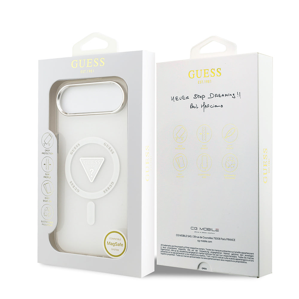 iPhone 17 Air Kılıf Guess Orijinal Lisanslı M-safe Şarj Özellikli IML Baskılı Üçgen Logolu Metal Kamera Çerçeveli Kılıf