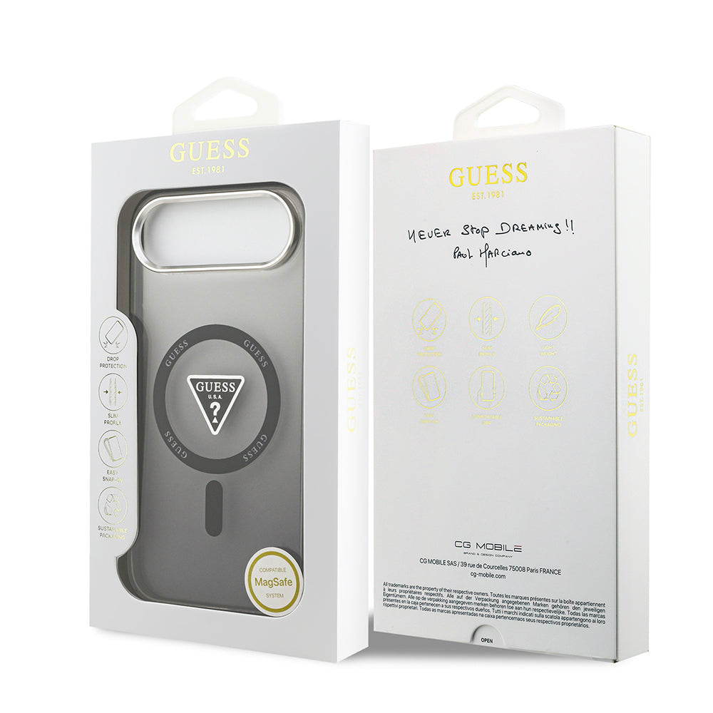 iPhone 17 Air Kılıf Guess Orijinal Lisanslı M-safe Şarj Özellikli IML Baskılı Üçgen Logolu Metal Kamera Çerçeveli Kılıf