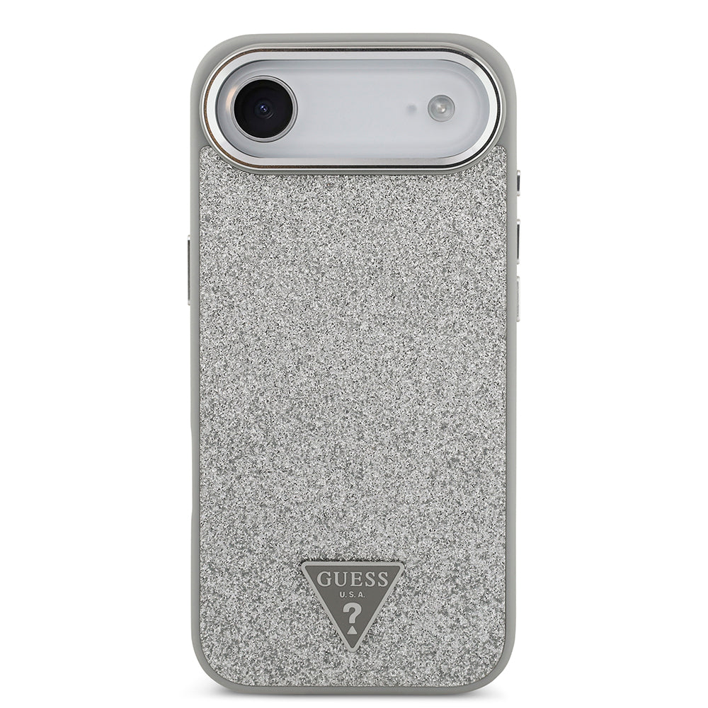 iPhone 17 Air Kılıf Guess Orijinal Lisanslı M-safe Şarj Özellikli Metal Kamera Çerçeveli Üçgen Logolu Glitter Kılıf