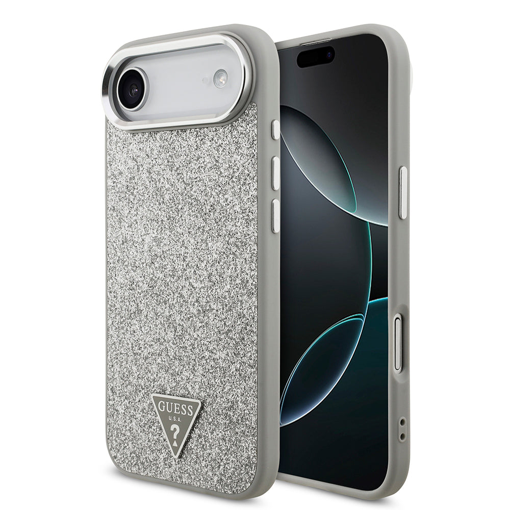 iPhone 17 Air Kılıf Guess Orijinal Lisanslı M-safe Şarj Özellikli Metal Kamera Çerçeveli Üçgen Logolu Glitter Kılıf