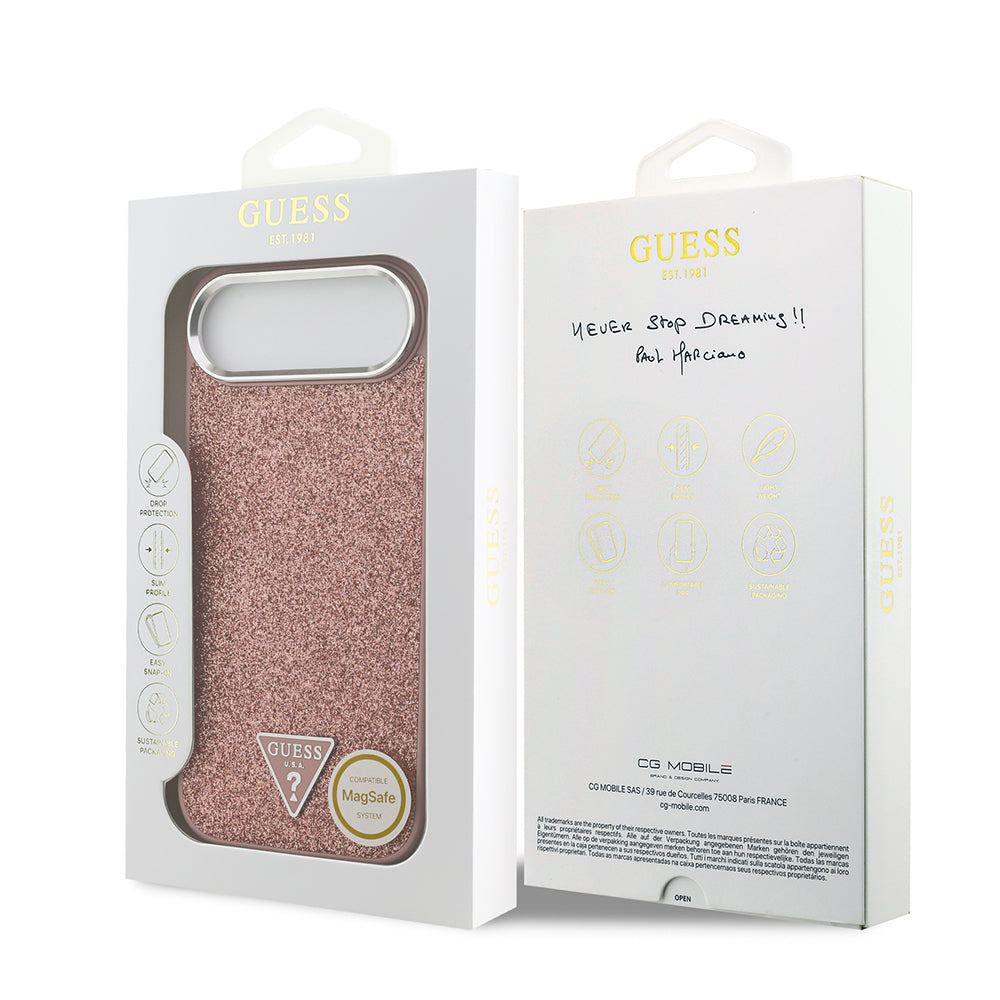 iPhone 17 Air Kılıf Guess Orijinal Lisanslı M-safe Şarj Özellikli Metal Kamera Çerçeveli Üçgen Logolu Glitter Kılıf