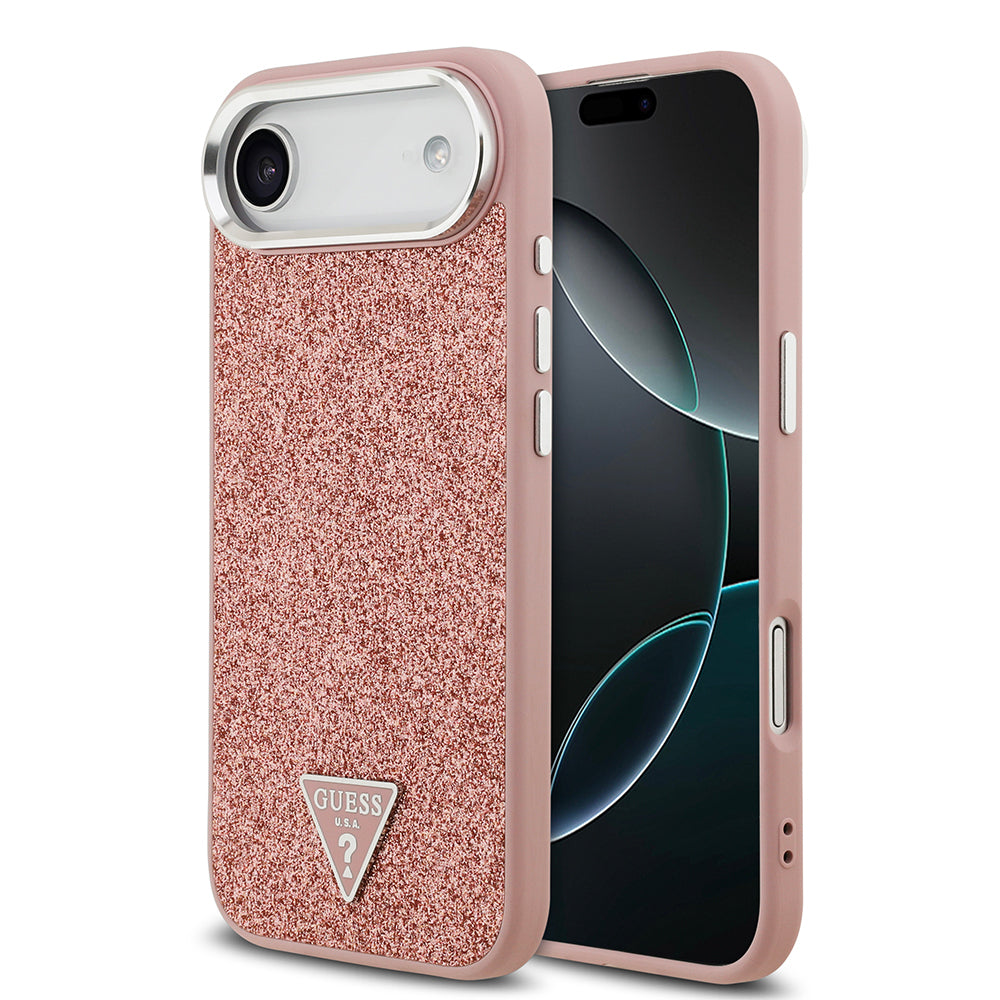 iPhone 17 Air Kılıf Guess Orijinal Lisanslı M-safe Şarj Özellikli Metal Kamera Çerçeveli Üçgen Logolu Glitter Kılıf