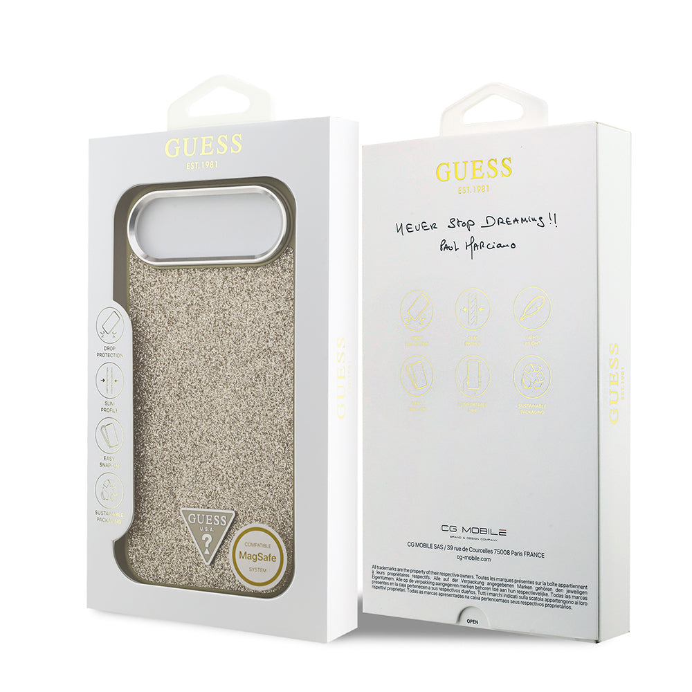 iPhone 17 Air Kılıf Guess Orijinal Lisanslı M-safe Şarj Özellikli Metal Kamera Çerçeveli Üçgen Logolu Glitter Kılıf