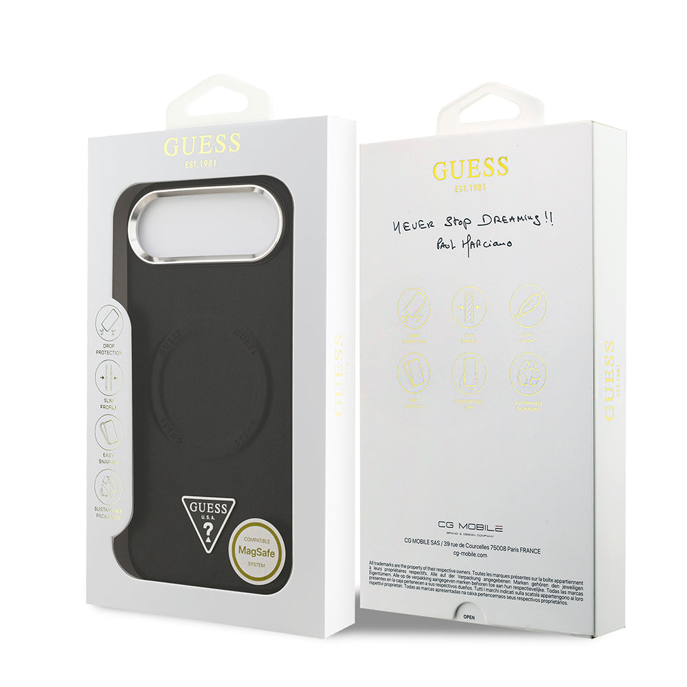 iPhone 17 Air Kılıf Guess Orijinal Lisanslı M-safe Şarj Özellikli PU Deri Metal Kamera Çerçeveli Üçgen Logolu Kılıf
