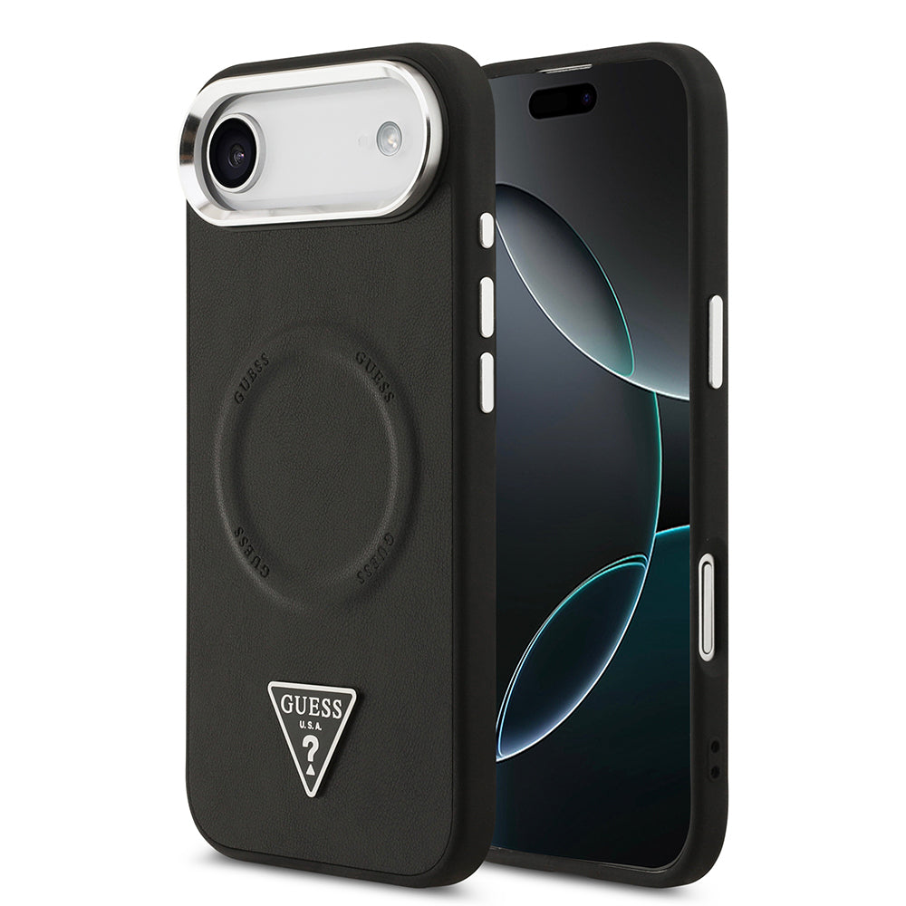 iPhone 17 Air Kılıf Guess Orijinal Lisanslı M-safe Şarj Özellikli PU Deri Metal Kamera Çerçeveli Üçgen Logolu Kılıf