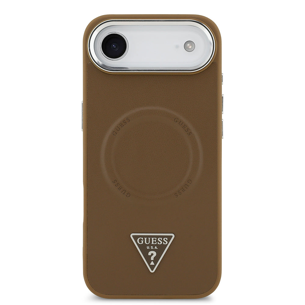 iPhone 17 Air Kılıf Guess Orijinal Lisanslı M-safe Şarj Özellikli PU Deri Metal Kamera Çerçeveli Üçgen Logolu Kılıf