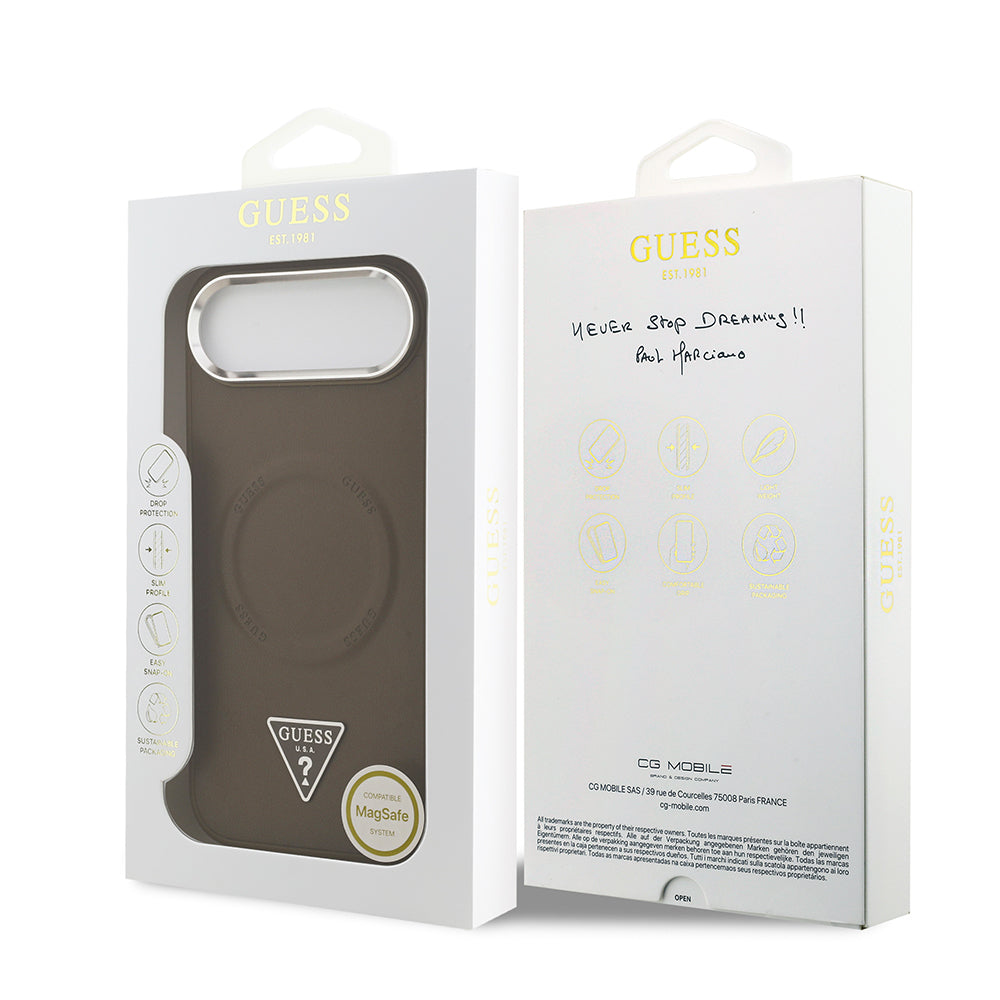 iPhone 17 Air Kılıf Guess Orijinal Lisanslı M-safe Şarj Özellikli PU Deri Metal Kamera Çerçeveli Üçgen Logolu Kılıf