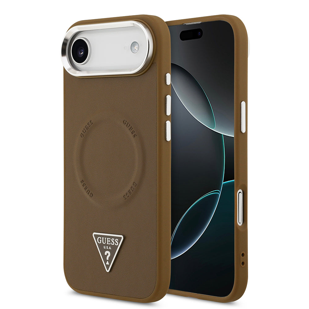 iPhone 17 Air Kılıf Guess Orijinal Lisanslı M-safe Şarj Özellikli PU Deri Metal Kamera Çerçeveli Üçgen Logolu Kılıf