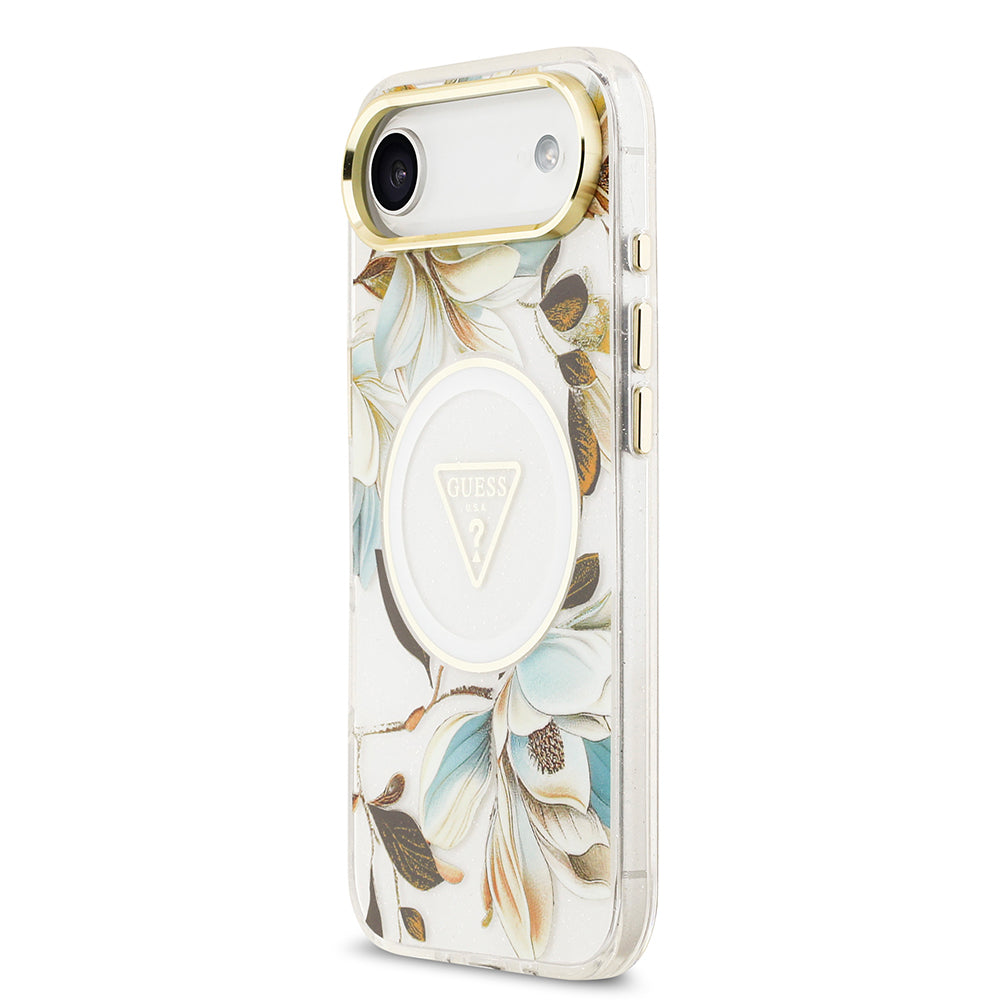 iPhone 17 Air Kılıf Guess Orijinal Lisanslı M-safe Şarj Özellikli Simli Çiçek Desenli Metal Kamera Çerçeveli Üçgen Logolu Kılıf