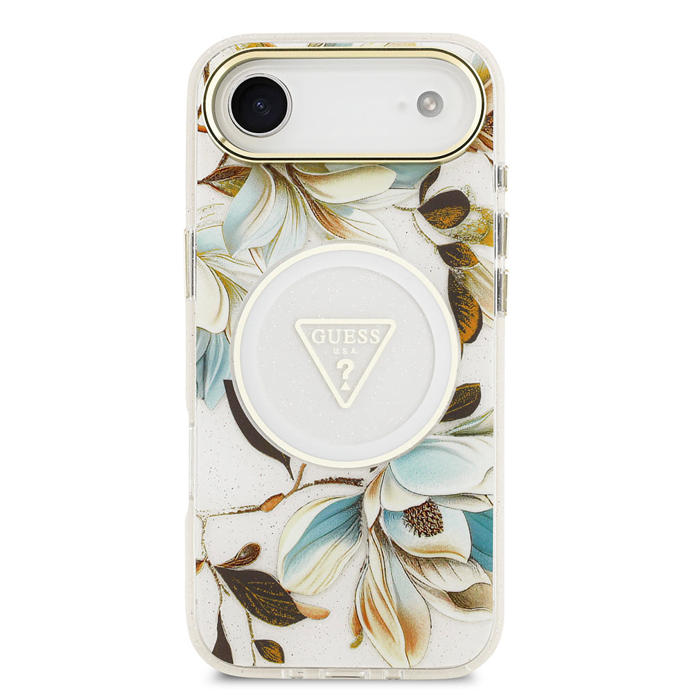 iPhone 17 Air Kılıf Guess Orijinal Lisanslı M-safe Şarj Özellikli Simli Çiçek Desenli Metal Kamera Çerçeveli Üçgen Logolu Kılıf