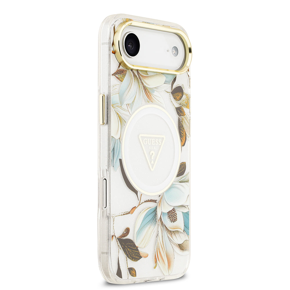 iPhone 17 Air Kılıf Guess Orijinal Lisanslı M-safe Şarj Özellikli Simli Çiçek Desenli Metal Kamera Çerçeveli Üçgen Logolu Kılıf