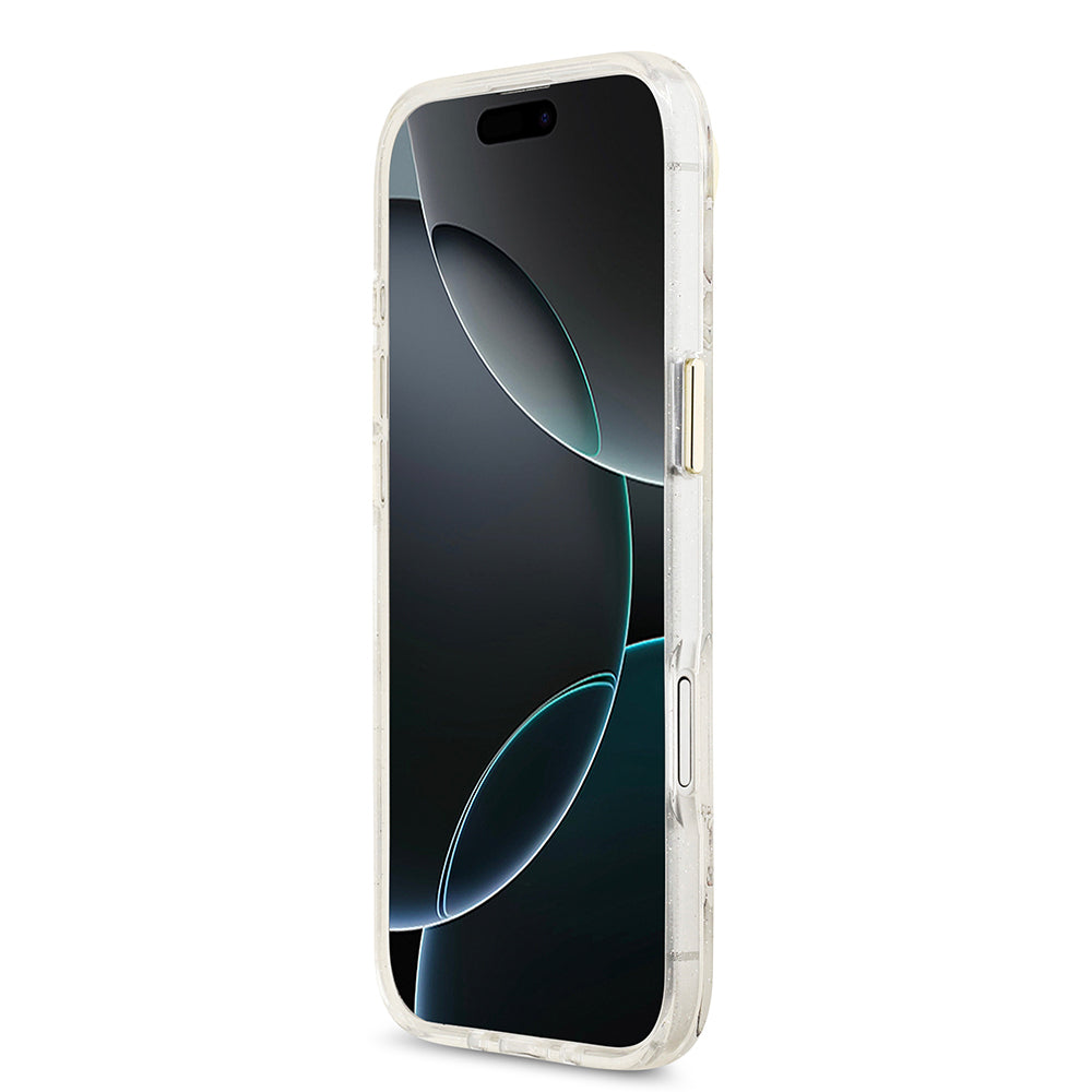iPhone 17 Air Kılıf Guess Orijinal Lisanslı M-safe Şarj Özellikli Simli Çiçek Desenli Metal Kamera Çerçeveli Üçgen Logolu Kılıf