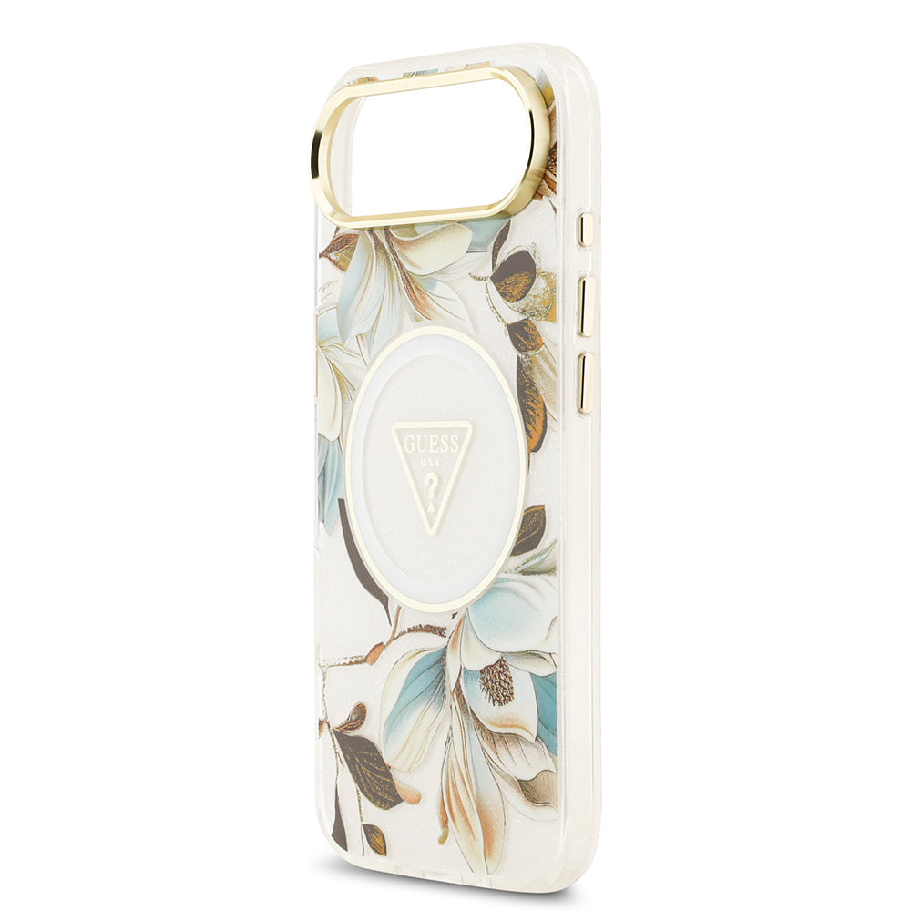 iPhone 17 Air Kılıf Guess Orijinal Lisanslı M-safe Şarj Özellikli Simli Çiçek Desenli Metal Kamera Çerçeveli Üçgen Logolu Kılıf