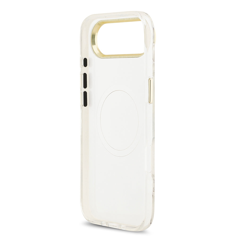 iPhone 17 Air Kılıf Guess Orijinal Lisanslı M-safe Şarj Özellikli Simli Çiçek Desenli Metal Kamera Çerçeveli Üçgen Logolu Kılıf