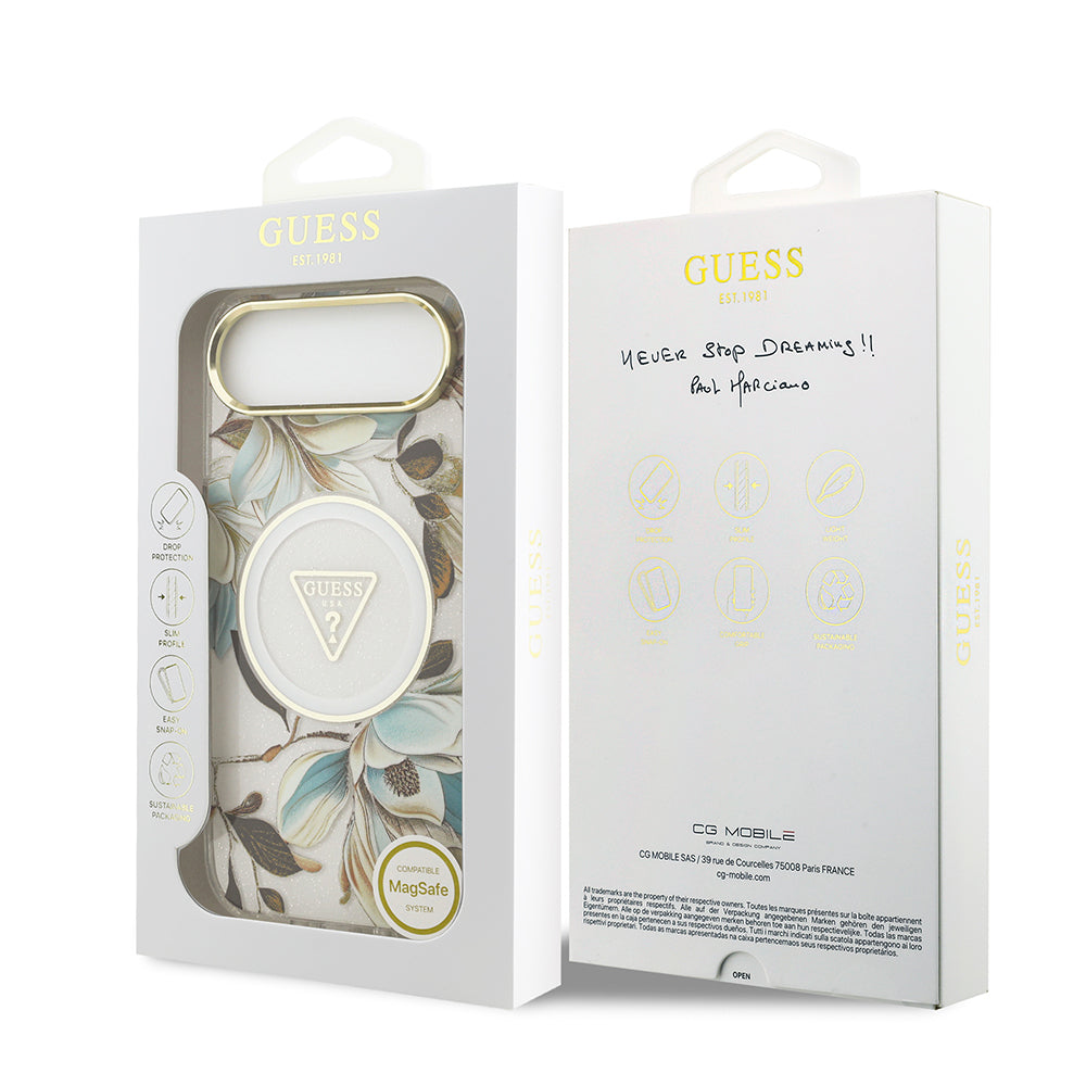 iPhone 17 Air Kılıf Guess Orijinal Lisanslı M-safe Şarj Özellikli Simli Çiçek Desenli Metal Kamera Çerçeveli Üçgen Logolu Kılıf