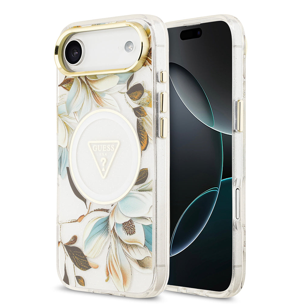 iPhone 17 Air Kılıf Guess Orijinal Lisanslı M-safe Şarj Özellikli Simli Çiçek Desenli Metal Kamera Çerçeveli Üçgen Logolu Kılıf
