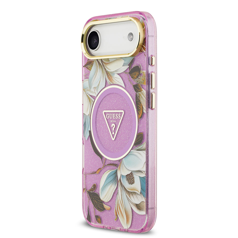 iPhone 17 Air Kılıf Guess Orijinal Lisanslı M-safe Şarj Özellikli Simli Çiçek Desenli Metal Kamera Çerçeveli Üçgen Logolu Kılıf