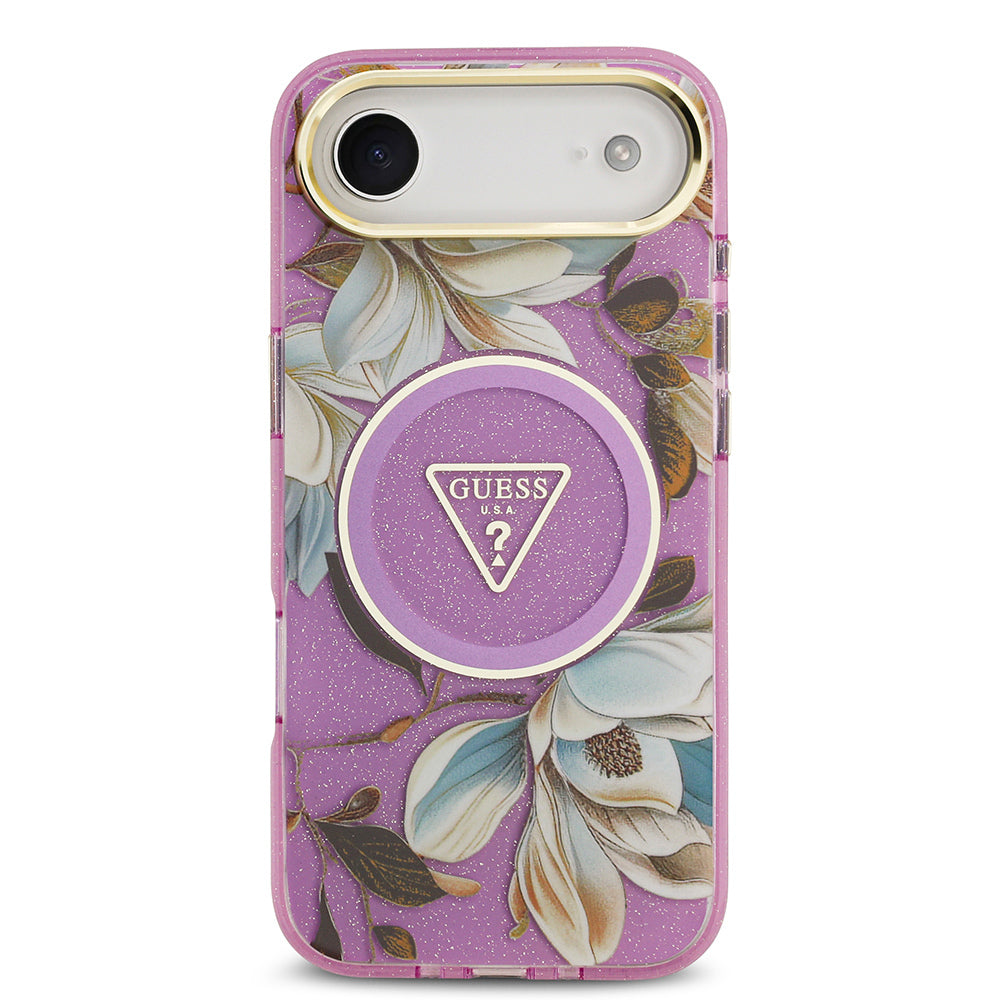 iPhone 17 Air Kılıf Guess Orijinal Lisanslı M-safe Şarj Özellikli Simli Çiçek Desenli Metal Kamera Çerçeveli Üçgen Logolu Kılıf