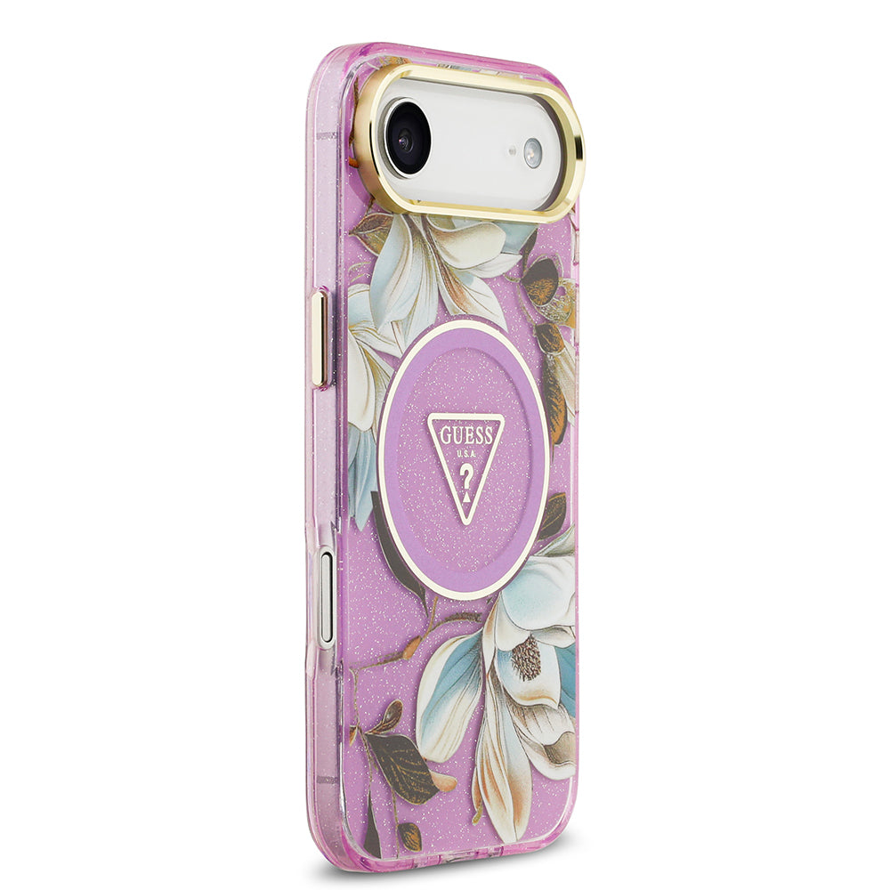 iPhone 17 Air Kılıf Guess Orijinal Lisanslı M-safe Şarj Özellikli Simli Çiçek Desenli Metal Kamera Çerçeveli Üçgen Logolu Kılıf