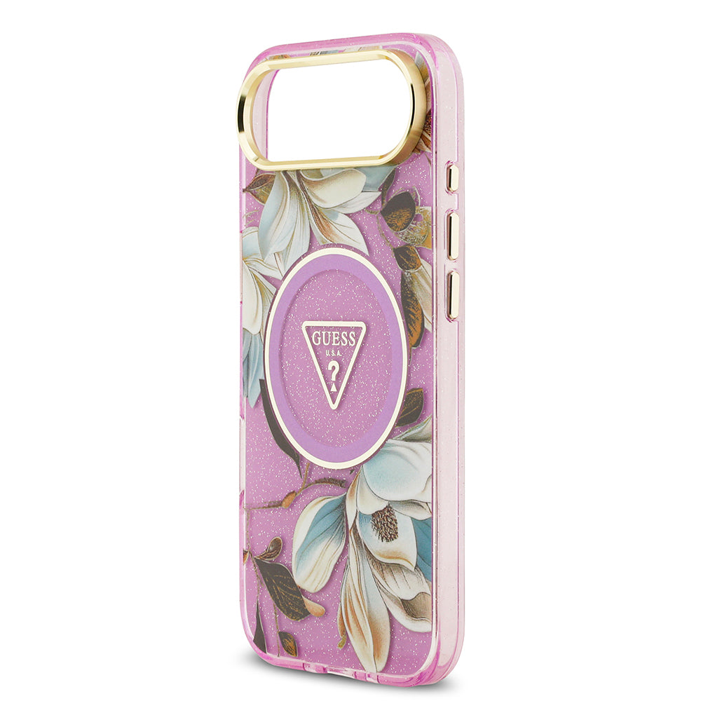 iPhone 17 Air Kılıf Guess Orijinal Lisanslı M-safe Şarj Özellikli Simli Çiçek Desenli Metal Kamera Çerçeveli Üçgen Logolu Kılıf